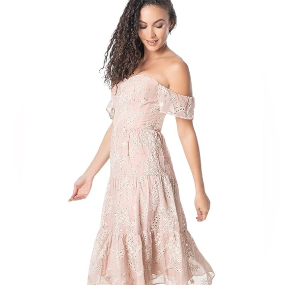 Dress the Population Accessories - Dress the Population Blush Multi River Off The Shoulder Midi Dress NWT S